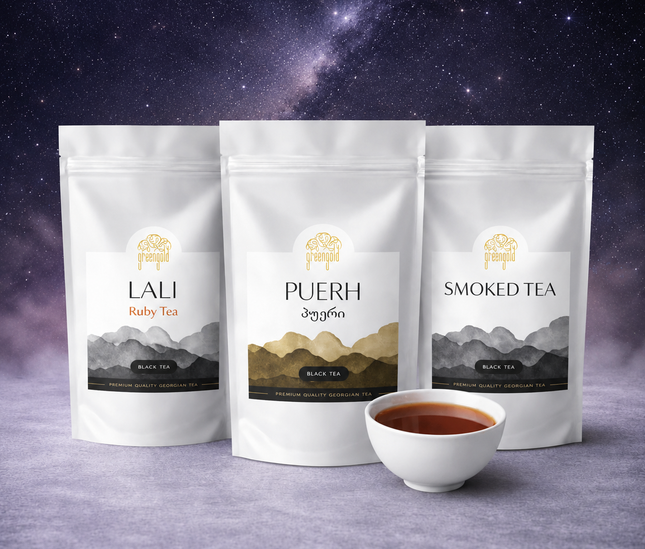 Black tea Green Gold | Green Gold black tea | Lali tea | Ghame black tea | Smoked tea | Puerh tea Of Green Gold | Tea Country | Black tea from Guria |